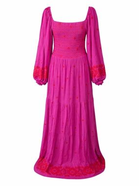 Hale Bob Magenta Embroidered Maxi Dress NWT Smocked Boho Cottagecore Resort-Med